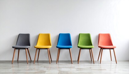 Colorful chairs lined up against a white wall with modern interior design concept.