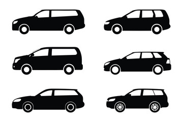 Vehicle silhouettes: A collection of six sleek vehicle silhouettes, offering a versatile array of transport options for various needs. Perfect for design, marketing.