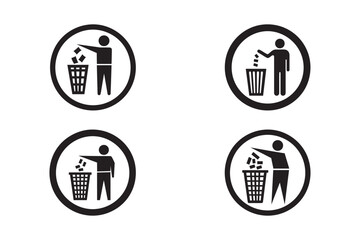 Trash Bin Icon Set – Person Throwing Waste Symbol in Black Circle