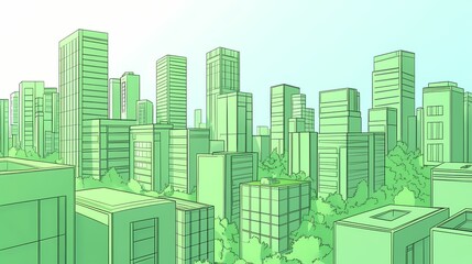 Obraz premium Green cityscape illustration with trees and buildings.