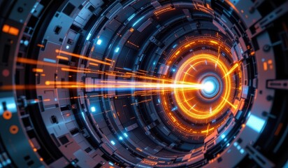 Obraz premium simulated proton beam spiraling inside confinement chamber, energy trails glowing, magnetic architecture visible, cinematic science concept, photoreal environment, hdr light contrast, cold steel