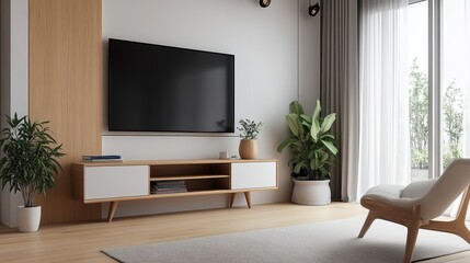 Modern and Stylish Living Room with Television Wall and Storage Cabinet Bathed in Natural Daylight