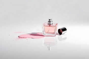 Pink liquid spills from glass perfume bottle with silver cap image