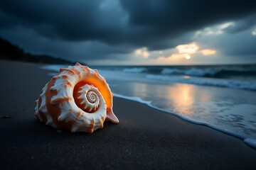 Orange and white seashell on dark sand beach with ocean waves at sunset image