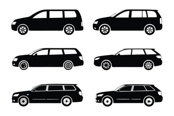 Fleet of Black Estates: A graphic collection of sleek, dark estate car silhouettes, ideal for illustrating transport and automotive concepts.