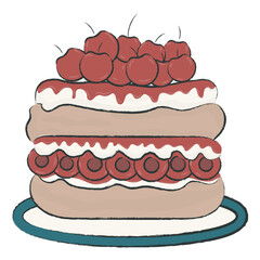 Vector illustration of a layered cake with cream and cherry topping, great for bakery designs and dessert-themed illustrations