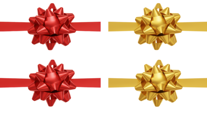 Four perfectly formed, highly reflective red and gold gift bows with intricate loops and curled ribbons, luxurious satin sheen, isolated against a pristine transparent seamless background, studio