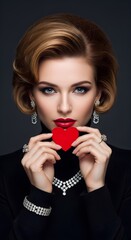 Woman holding red heart in hands to mouth. Elegant jewelry and classic look. Concept of love, passion, valentines day.