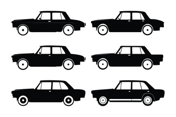 Naklejka premium Silhouetted Classic Cars: A collection of sleek, vintage car silhouettes in monochrome, perfect for transportation and automotive design concepts.