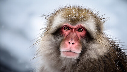 Obraz premium a Japanese snow monkey with a red face and snow-covered fur, staring directly at the camera. Captures the cold winter ambiance and emotional expression of wildlife