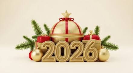 Golden 2026 numbers with Christmas tree branches, gift boxes, and ornaments. New year celebration for greeting card or banner.