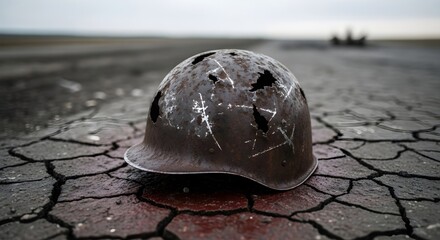 Rusty military helmet with bullet holes laying on cracked ground. Concept of war, conflict, battle, and memorial. Used for history and remembrance.