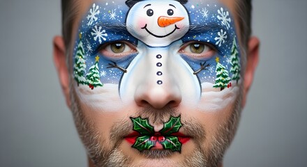 Man with face paint. Christmas theme design. Holly and snowman on face. New Year holiday art for festive celebration.