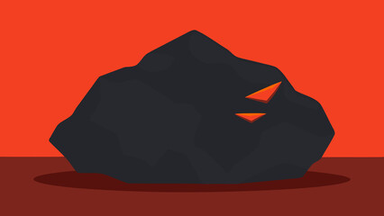 Stylized illustration of a dark rock formation with fiery geometric shapes in a red background