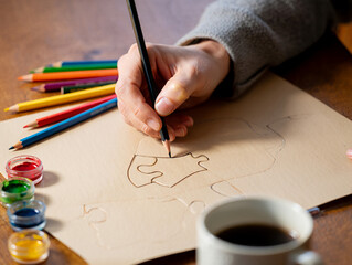A hand sketches a jigsaw puzzle on paper using a pencil, with colorful crayons and paints alongside a cup of coffee.