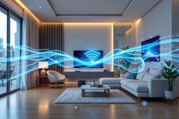 wi fi signal shaping shown as fluid waveforms via beamforming, digital particles in motion, clean smart home space, glowing energy flow, cold blue tone, futuristic concept, high detailed realism