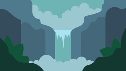 Stylized landscape depicting a waterfall cascading between cliff sides in a minimalist style
