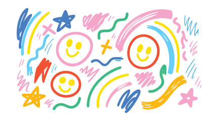 Obraz premium Cheerful background with smiley faces, stars, lines, and scribbles in bright and vibrant colors