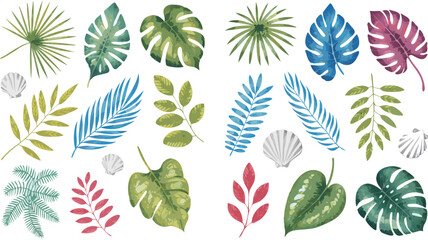 Fototapeta premium Watercolor Illustration of Assorted Tropical Leaves and Seashells on White Background, Exotic Foliage Display