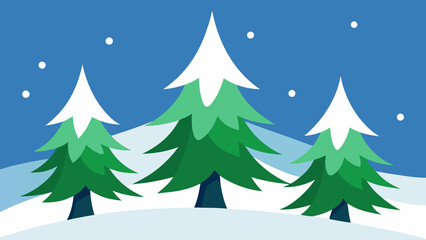 Winter christmas scene with snowy trees and falling snow on a blue background