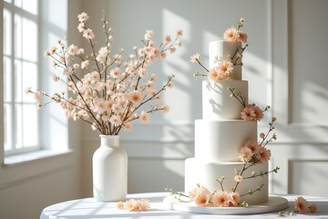 White tiered wedding cake with peach blossoms and floral arrangement image