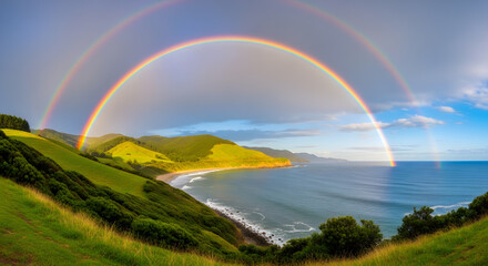 Naklejka premium Panoramic Double Rainbow Over Lush Green Coastal Hills and Beach
