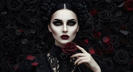 Woman in black dress with braided hair and dark makeup holds rose. Gothic fashion and melancholy elegance concept for halloween.