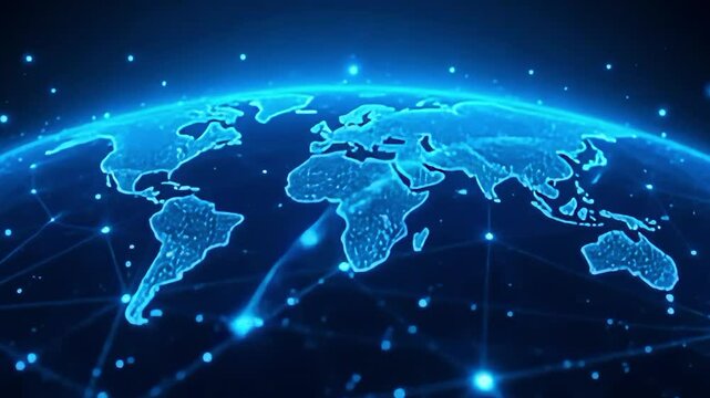 A glowing blue digital world map on a curved globe with a network of interconnected communication nodes.