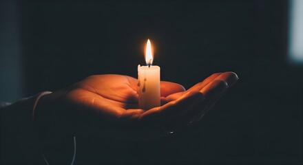 A hand of a caucasian woman holding a white lit candle with a burning flame in the dark, symbolizing hope and light for remembrance.