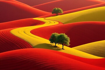 Winding yellow path through rolling red and yellow hills with trees landscape nature