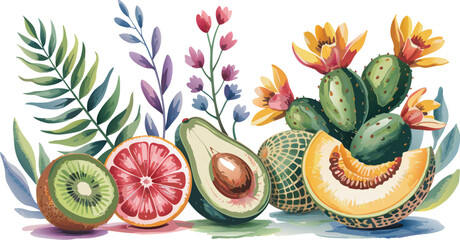 Watercolor Still Life of Tropical Fruits, Cactus Flowers, and Decorative Foliage on White Background