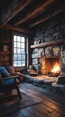 A cozy wooden cabin interior with a wood-burning stove, rustic decor, and a snowy landscape visible through the windows, evoking warmth and winter comfort.