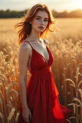 Woman in red dress standing in golden wheat field at sunset image