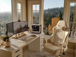 Elegant Home Office Oasis: A sophisticated home office bathed in natural light, boasting a stylish setup with a modern computer station, a plush chair.