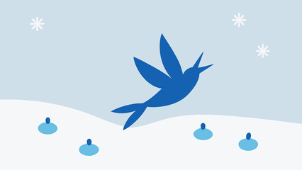 Blue bird symbolizing freedom flying over a winter landscape and snowflakes background