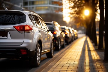 White SUV parked along a tree-lined street during sunset, casting long shadows on the pavement, showcasing urban life and evening tranquility