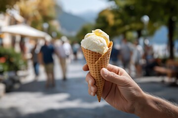 Hand holding a delicious ice cream cone with creamy vanilla scoop, set against a bustling outdoor promenade filled with people enjoying a sunny day