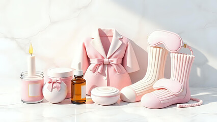 3D clipart of self-care essentials: candle, bath bomb, essential oil bottle, cozy socks, eye mask.