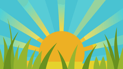 Cartoon sun rising over green grass with colorful rays in the sky background