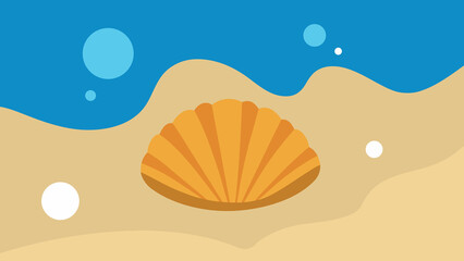 Cartoon seashell lying on sandy beach background with bubbles and ocean view