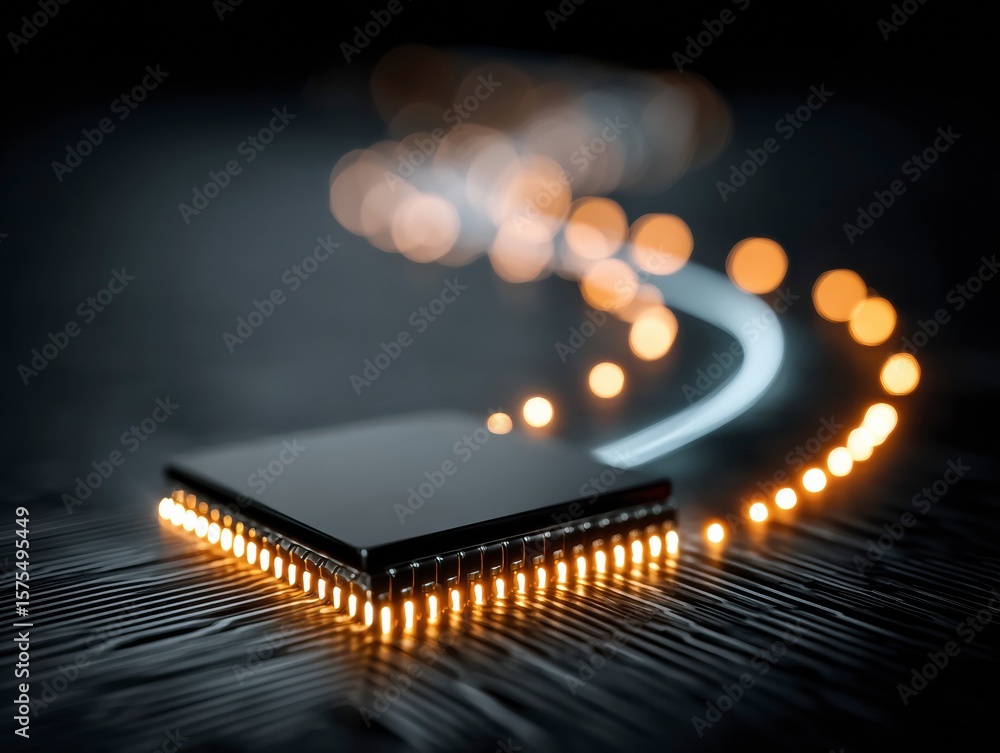 Poster digital symphony: a close-up shot of a central processing unit (cpu), illuminated by golden and azur