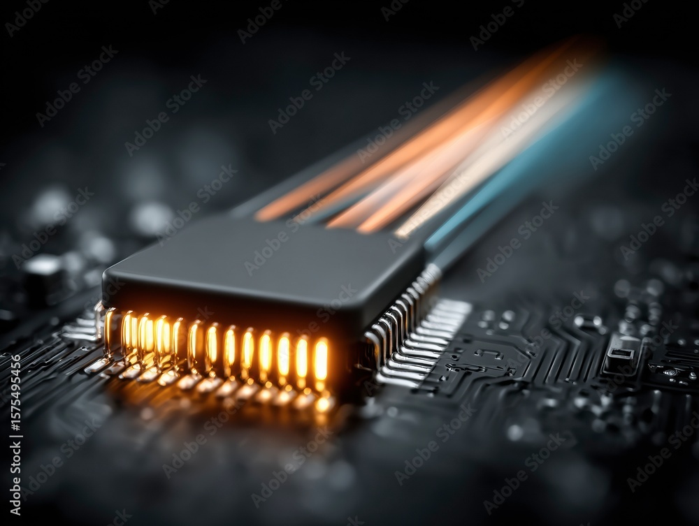Poster electronic chip close-up: this image showcases an intricate microchip, it's a vibrant display of mod