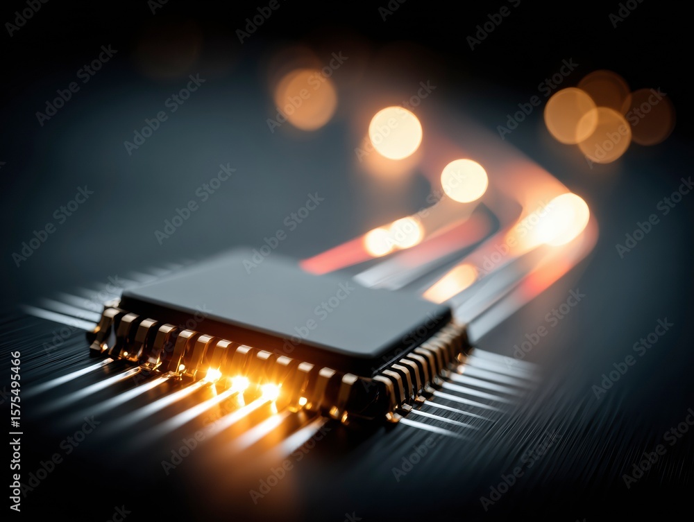 Poster integrated circuit with glowing connections: a microchip's gold pins radiate with light, symbolizing
