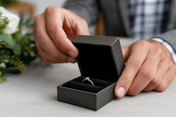 Man holding an open jewelry box with an engagement ring, surrounded by greenery, symbolizing love and commitment in a romantic setting, perfect for proposals and special occasions