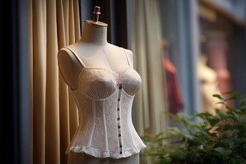 Elegant white corset displayed on a mannequin in a boutique window, surrounded by soft fabric drapes and greenery, showcasing fashion and design aesthetics