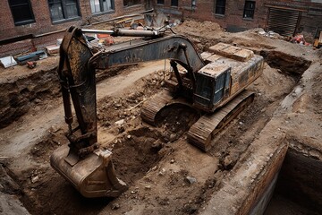 Generative AI. Excavator machinery digging in a construction site, surrounded by dirt and debris, showcasing heavy equipment in action within an urban environment