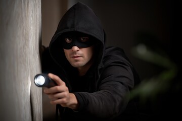 Male figure dressed in black hoodie and mask, crouching against a wall, holding a flashlight, creating a suspenseful atmosphere of stealth and intrigue in a dimly lit environment
