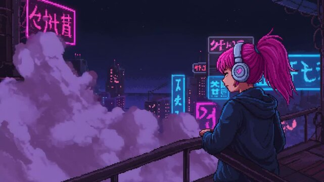 character pixel style hearing headphone rilexing on rooftop in the city