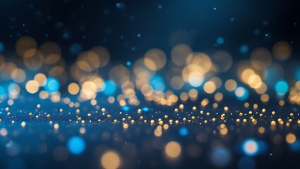 Abstract background with blurred golden and blue bokeh lights and sparkling particles on a dark background
