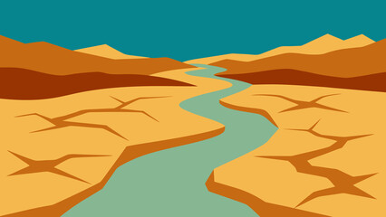 Flat illustration of a winding river flowing through a desert landscape under a turquoise sky.
